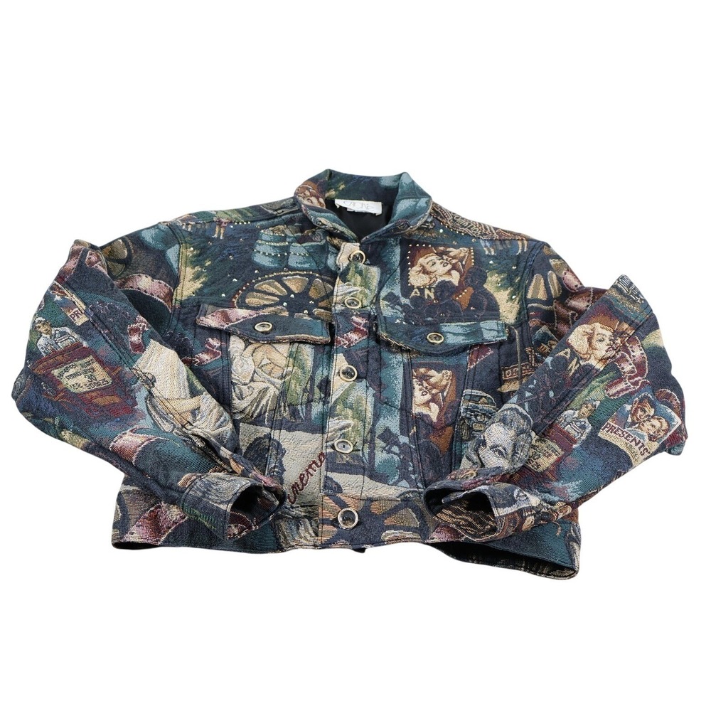 Cave‎ Jacket Womens Medium Multicolor Tapestry Movie Print Button Front Retro